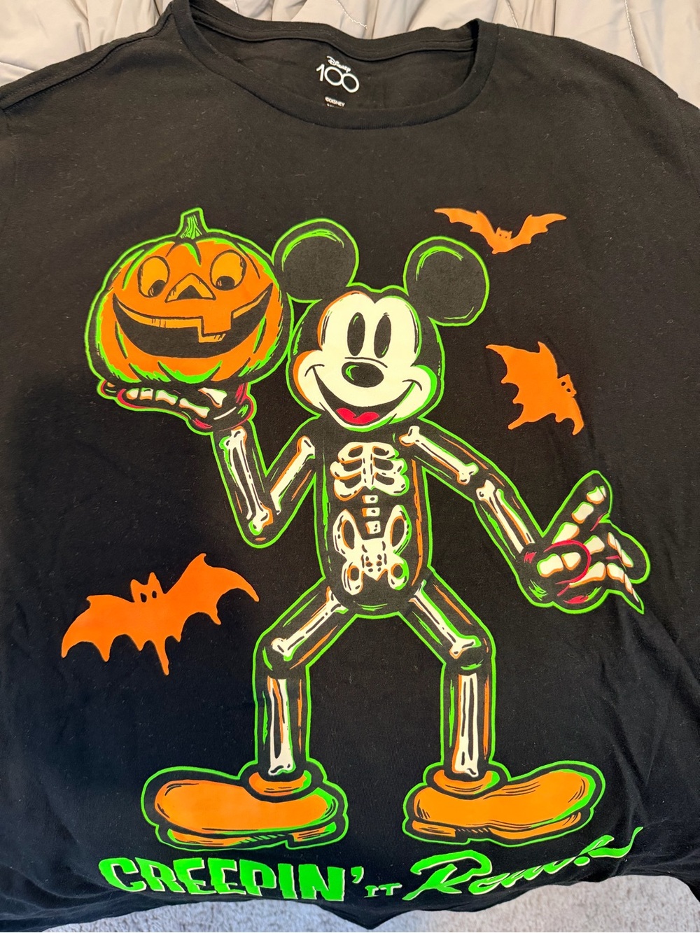 Disney Mens Black Halloween Skeleton Mickey Costume Tee - Orange & Green